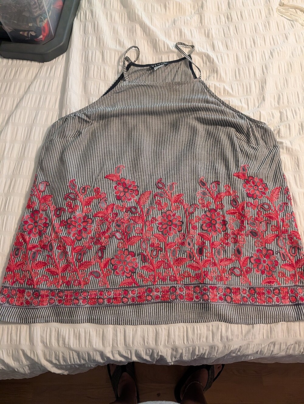 VENUS Black & White Striped Halter Tank with Pink Floral Embroidery
